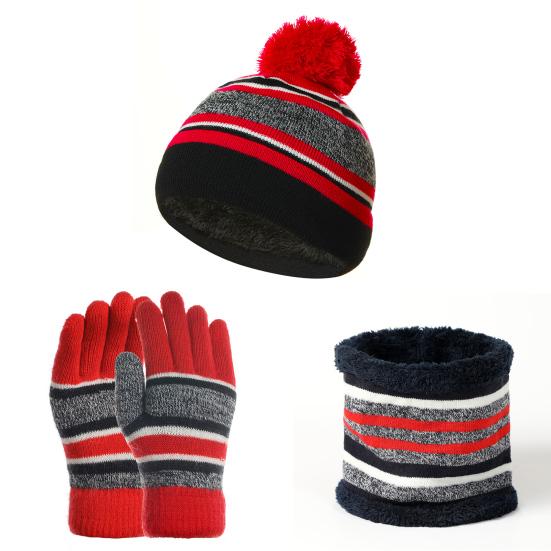 Kids Winter Woolen Yarn Knitted Pompom Hat Beanie Neck Scarf Gloves Warm Set
