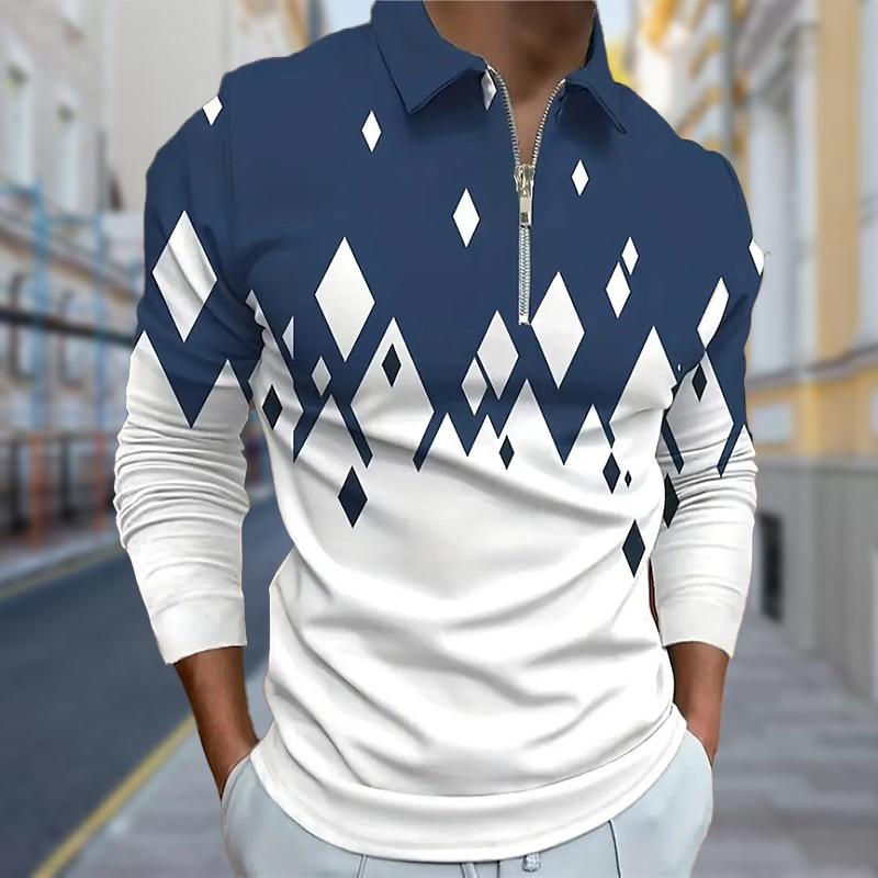 Polo Shirts Men Long Sleeve Falling Diamonds Print New Men's Polo Shirt Long Sleeve Zipper T-shirt Top