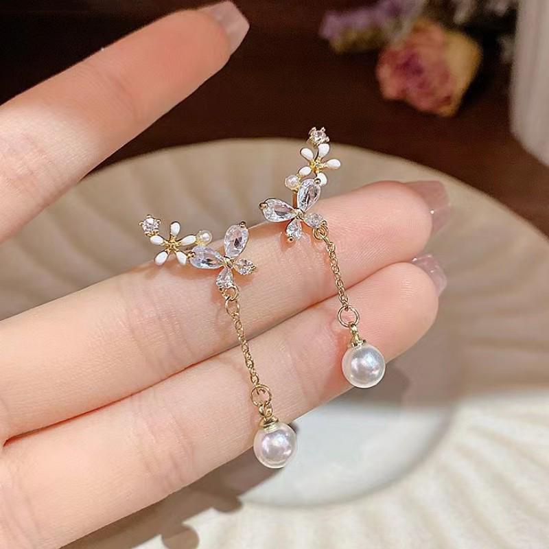 Серьги-бабочки из серебра S925 с кристаллами и жемчугом - Элегантный дизайн с кисточками для женщин золотой