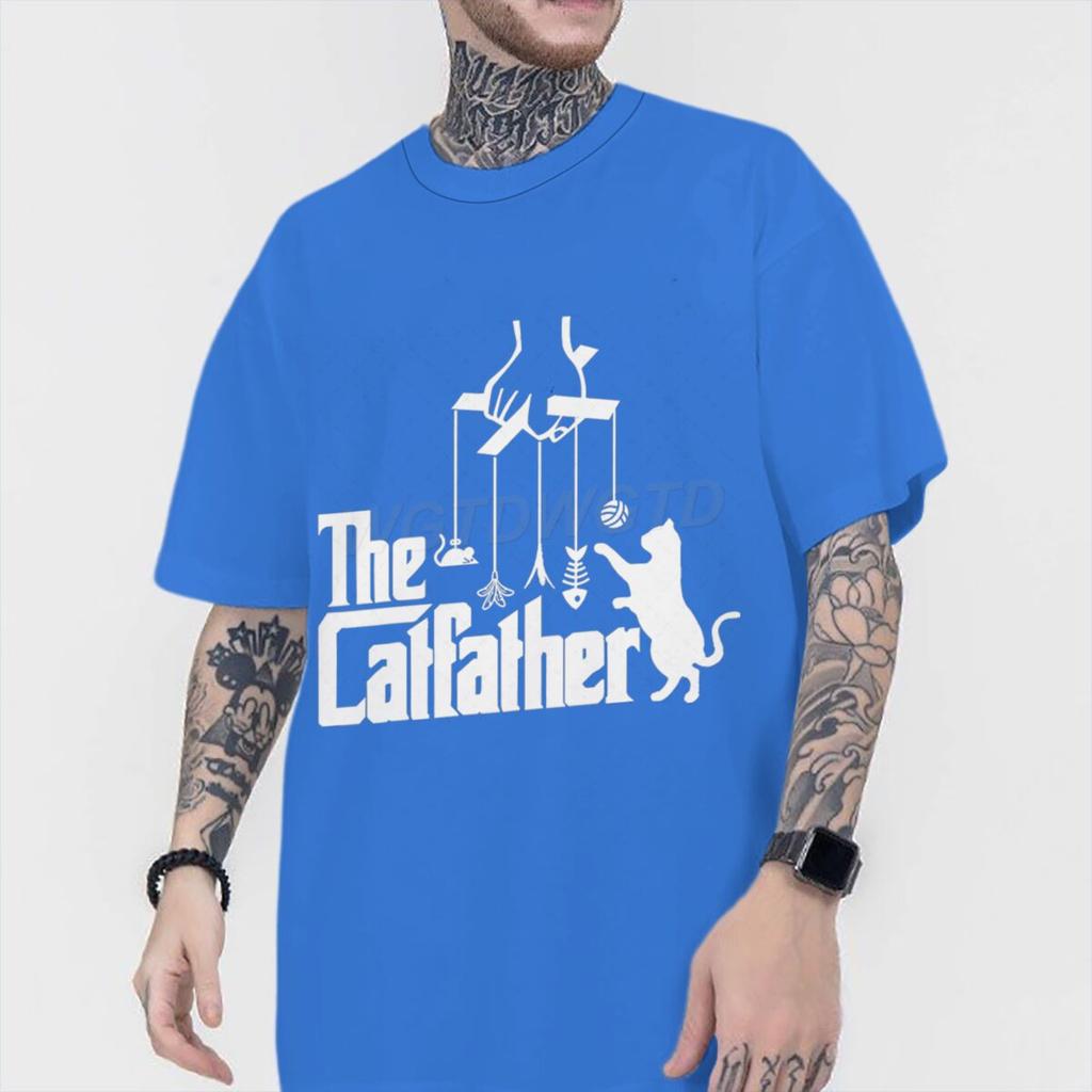 Vintage The Catfather Print T Shirt Men Fun Animal Cat Streetwear Short Sleeve Crewneck 100 Cotton Tshirts Fashion Kitten Tees
