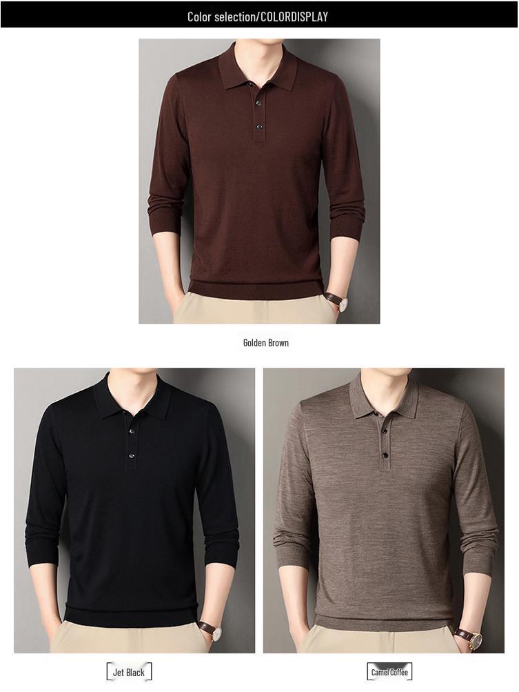 2025 Winter Machine Washable 100% Wool Men's Lapel Sweater - Warm, Solid Color, Versatile Casual Wear for Middle-Aged Dads