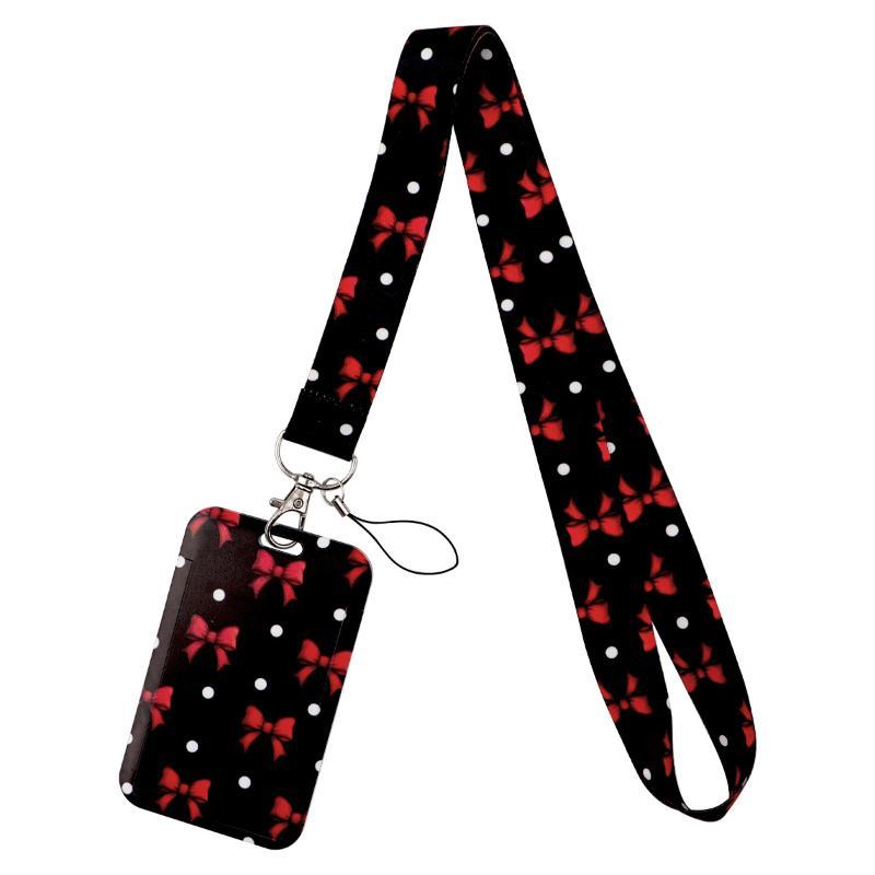 Cute Bow Pattern Lanyard with Clear ID Badge Holder Detachable Durable Strap for Outdoor Activity Pass Office Work Use
