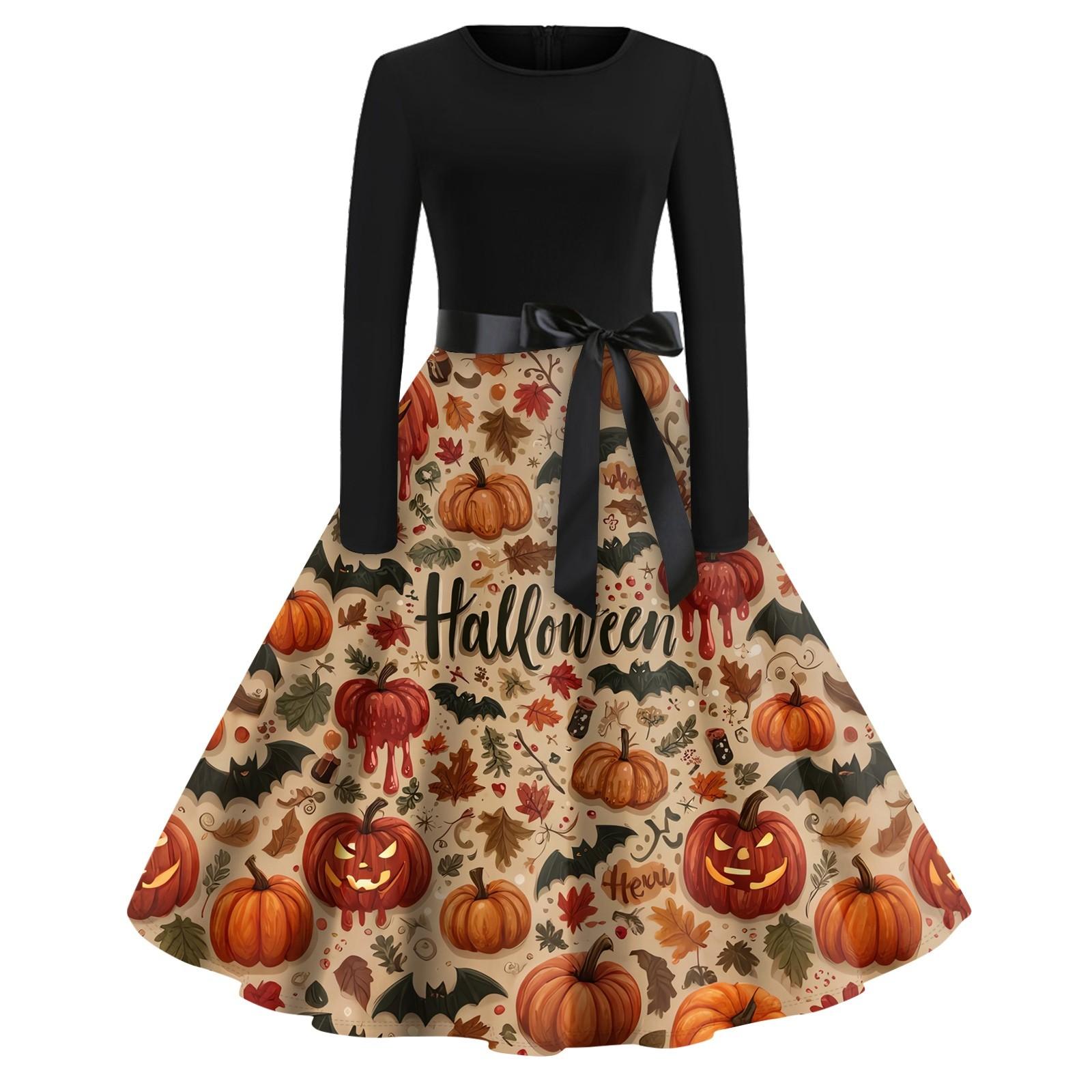 

Платье-клеш с принтом на Хэллоуин для женщин с длинным рукавом, повседневные платья с круглым вырезом и ажурной отделкой M киноварь