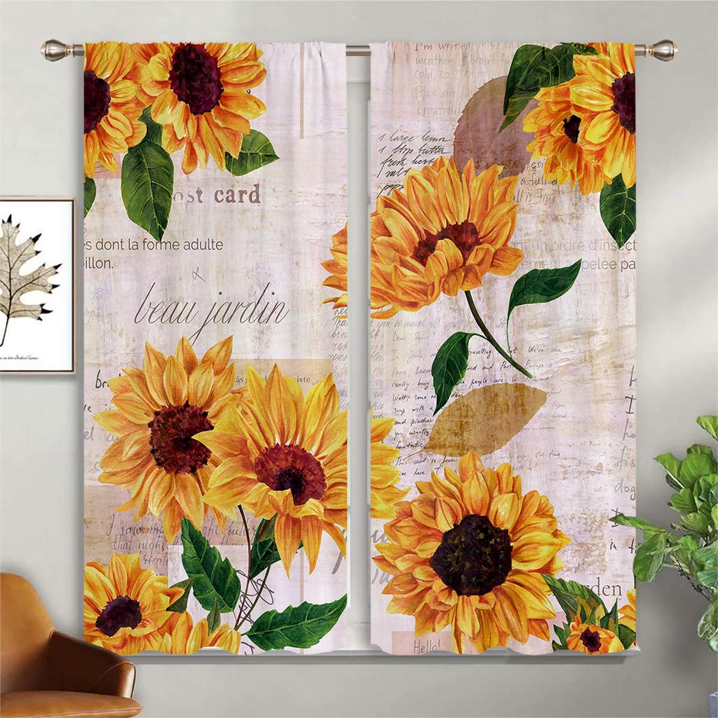 

2 шт. Шторы с цветочным принтом «Подсолнух», для спальни, гостиной, кухни, полузатемняющие декоративные шторы с карманами, домашний декор W100xH220(CM)x2PCS&Grommet Top