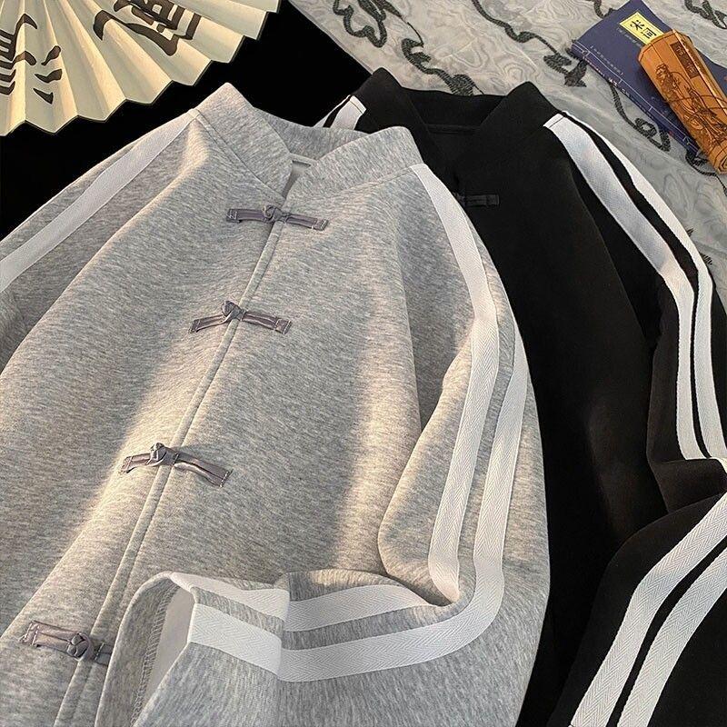 Men Women Chinese Style Buttoned Cardigan Sweatshirt Spring Loose Top Trendy Brand Chinese Style Heavyweight Jacket