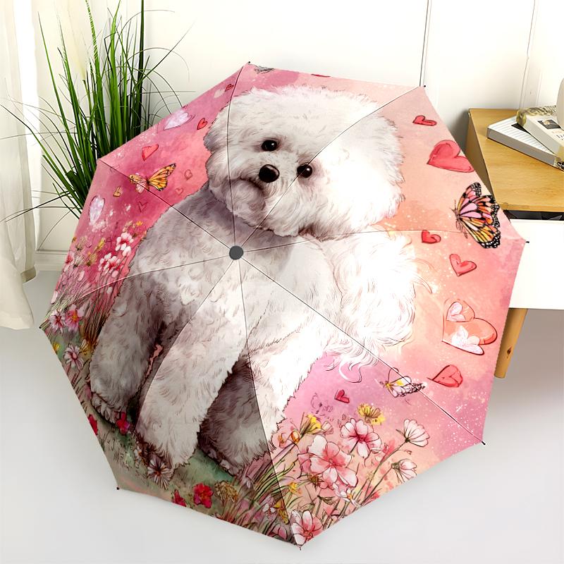 Pink Bichon pattern, automatic folding umbrella, portable and foldable design, 8 ribs, a Christmas or birthday gift.