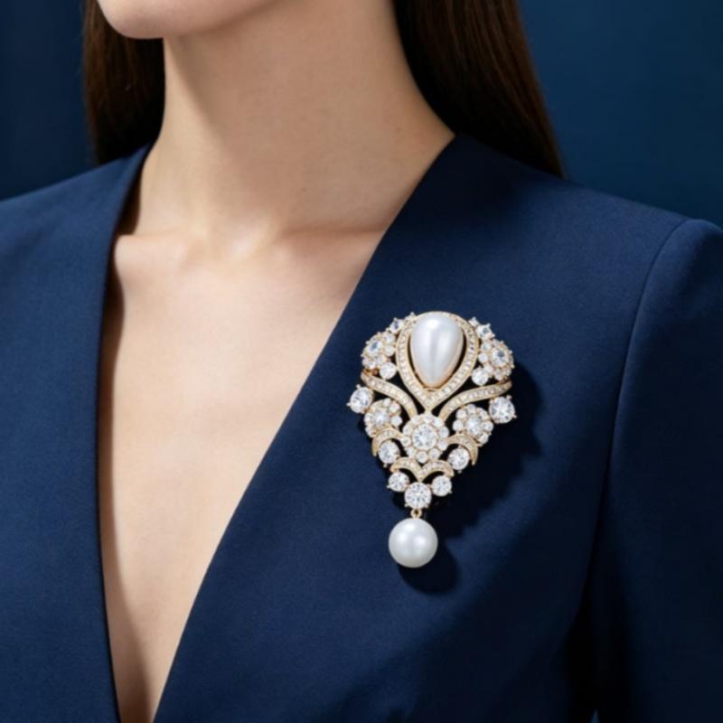 Fashionable Violet Pearl Pendant Luxurious Rhinestone Inlaid Brooch Charming Jewelry Accessories For Banquet Dresses Gifts