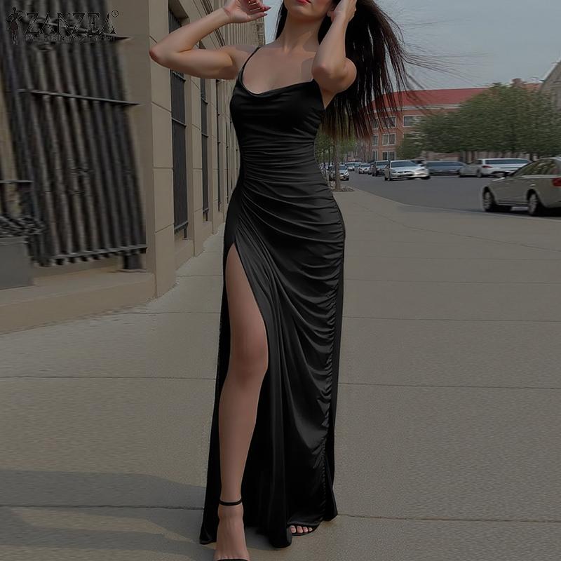 ZANZEA Rochie Lungă Elegantă de Damă cu Gât Drapaj, Sexy, fără Mâneci, Tip Slip