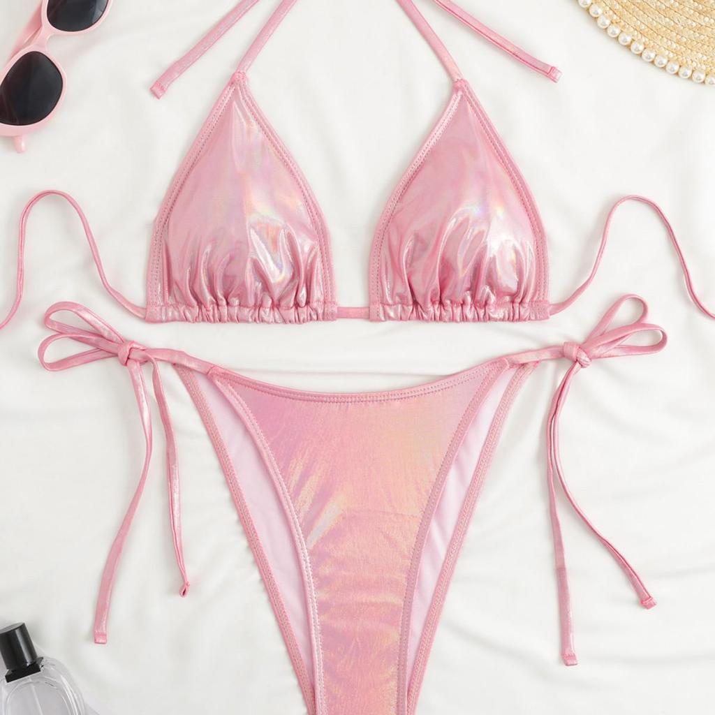 Women's Solid Color Triangle Bikini - Lace-up, High Elasticity, Quick-dry, Breathable, Removable Padding, Sexy Swimwear