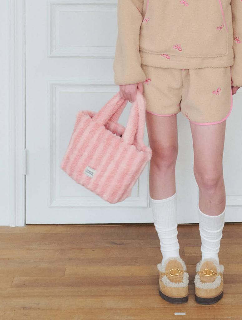 Opening Sunshine Striped Shearling Tote Bag Pink