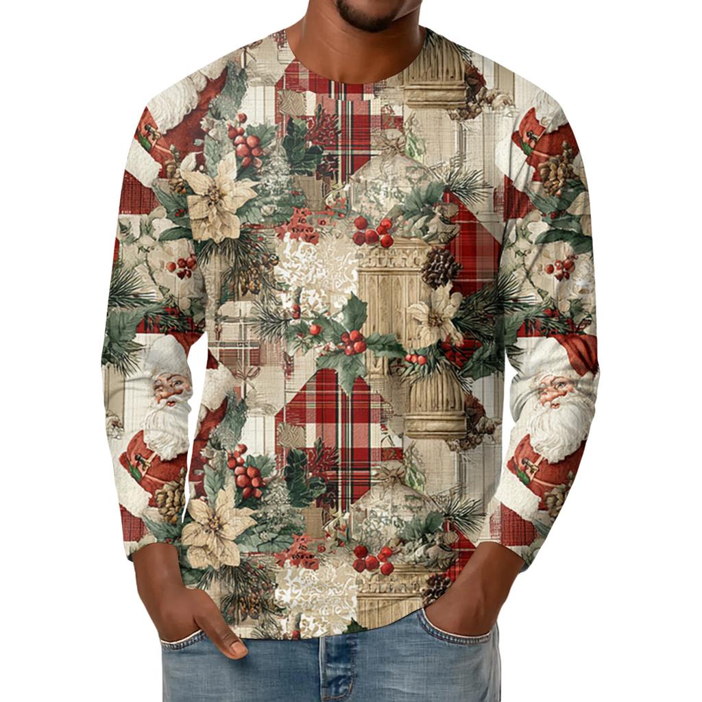 Men's Fashion Printed Round Neck Long Sleeve Bottoming Shirt Top
