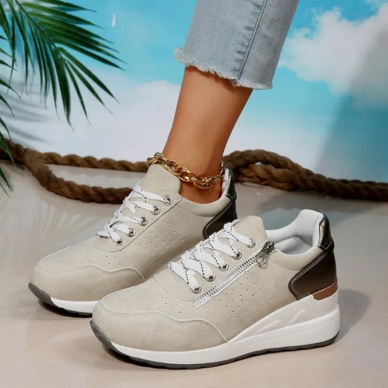 Sneakers for Women Fashion Wedges Platform Shoes Lace Up Vulcanized Shoes for Women Sport Runing Shoes Leather Casual Shoe Tenis