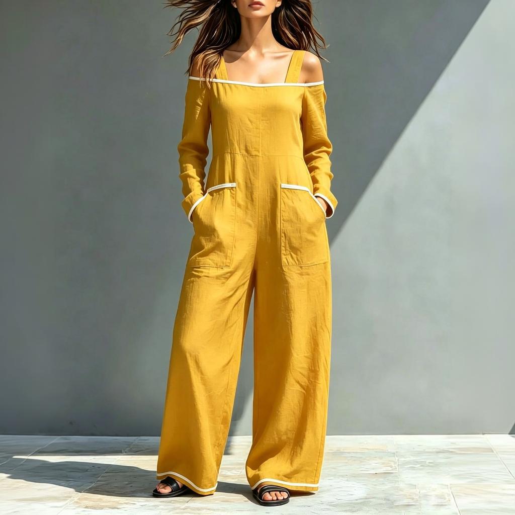 Women's One-Shoulder Color-Block Suspender Jumpsuit with Pockets, Loose Fit Wide Leg Floor-Length