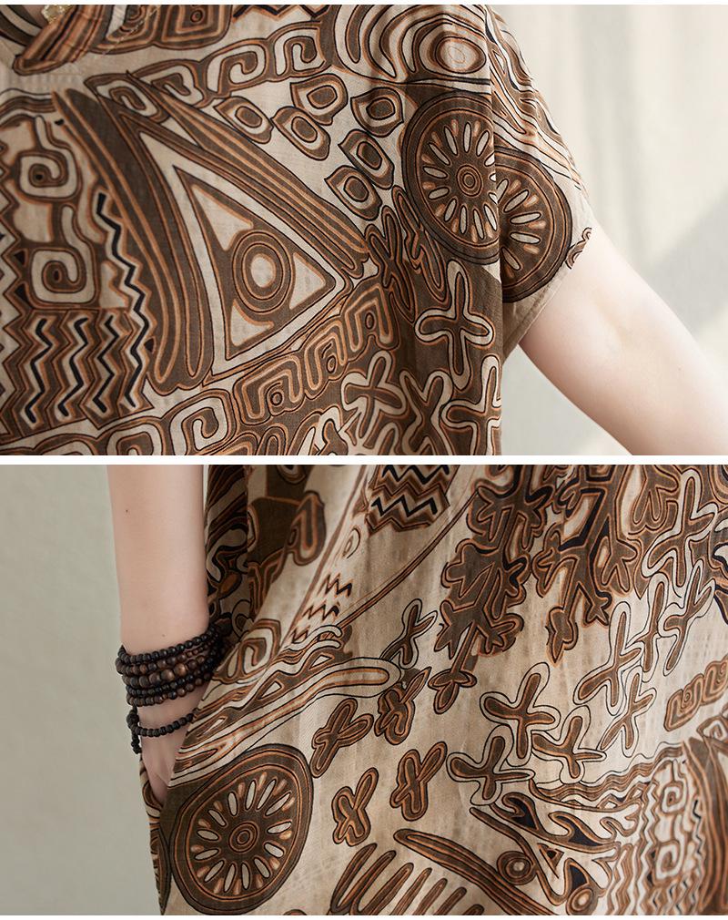 2024 Summer Plus Size V-Neck Cotton Linen Mid-Length Dress - Women's Wide H-Shape Pullover