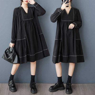 Spring New Loose Dark Design Style Transparent Pleated Patched Concealing Fat and Slimming Dress with V-neck