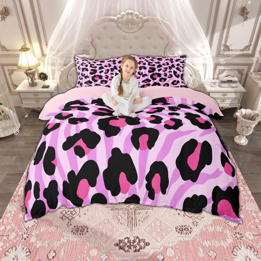 Homewish Girls Hot Pink Duvet Cover Set 2pcs/3pcs, Zebra Leopard Print Bedding, Cheetah Printed Quilt Cover Set