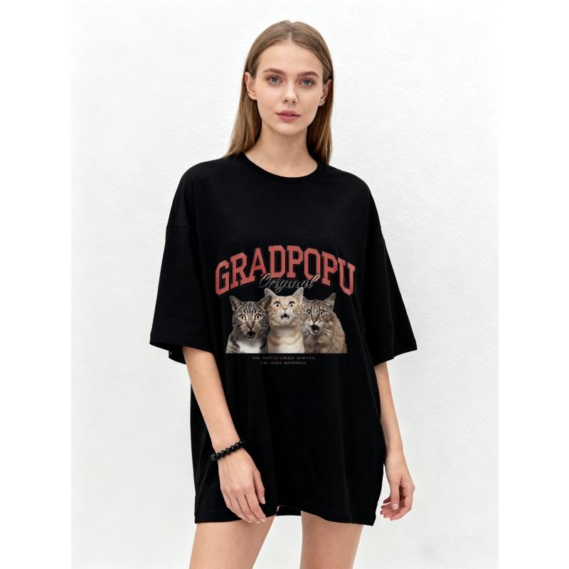 

Oversized T Shirt Black Gradpopu Original Cat Print Graphic Tee Casual Streetwear Unisex Fashion Top for Everyday Wear and Outings XXXL чёрный