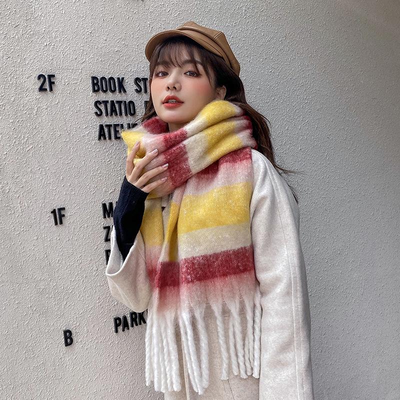 1116 Scarf Women's Autumn and Winter Classic Circle Yarn Color Matching Fashionable Color Plaid Oversized Shawl Thickened Warm Scarf
