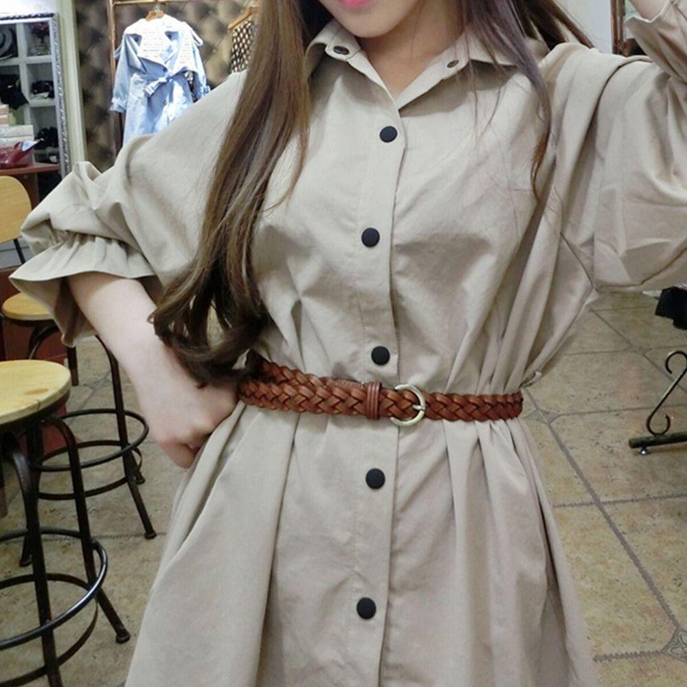 Vintage Casual Cowhide Braided Belt Ladies Dress Cummerbands Pin Buckle Waistband Weave Waist Band