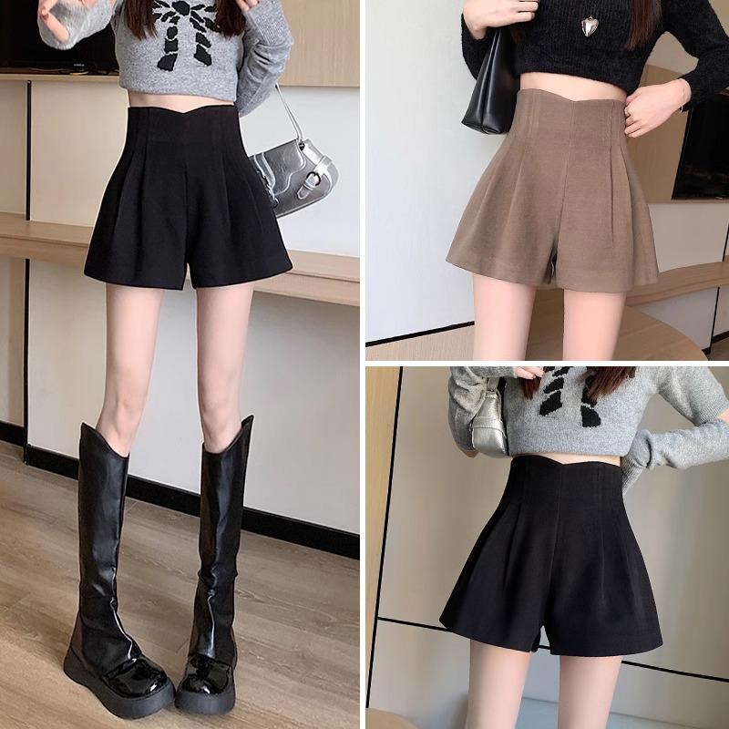 2024 Autumn/Winter High Waist Women's Woolen A-line Shorts - Slimming Wide Leg Booty Style