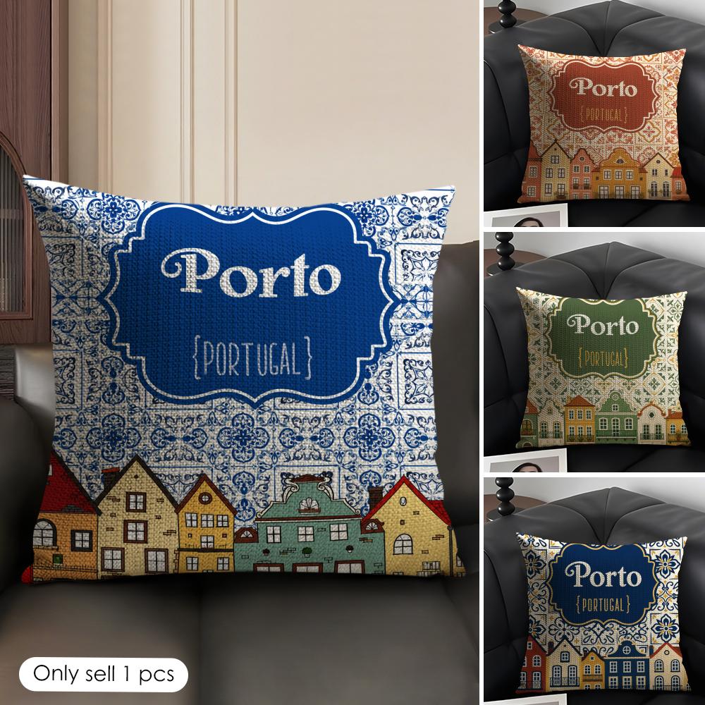 Lisbon Tiles Cushion Cover Linen Organic Fabric DoubleSided Printing Sofa Breathable Home Decor Gift Pillow Case