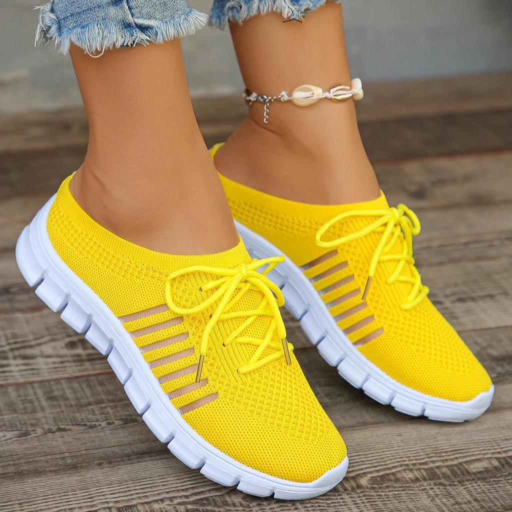 Summer Breathable Mesh Slippers for Women 2025 Lightweight Slip On Walking Shoes Woman Yellow Flat Bottom Non Slip Half Slippers