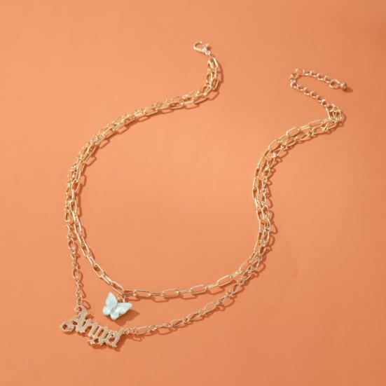 Doppelschichtige Acryl-Schmetterlings-Halskette, Buchstabe-Engel-Anhänger, langer Kettenschmuck