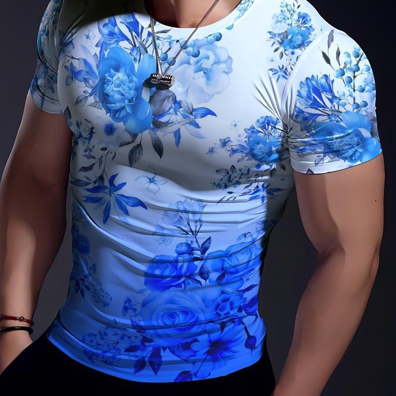 3D printing new men's fashion casual simple short-sleeved T-shirt comfortable breathable cherry blossom print short sleeve