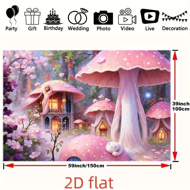 2D Dreamy Mushroom Village Backdrop, Pink Forest Scene Background for Baby Shower