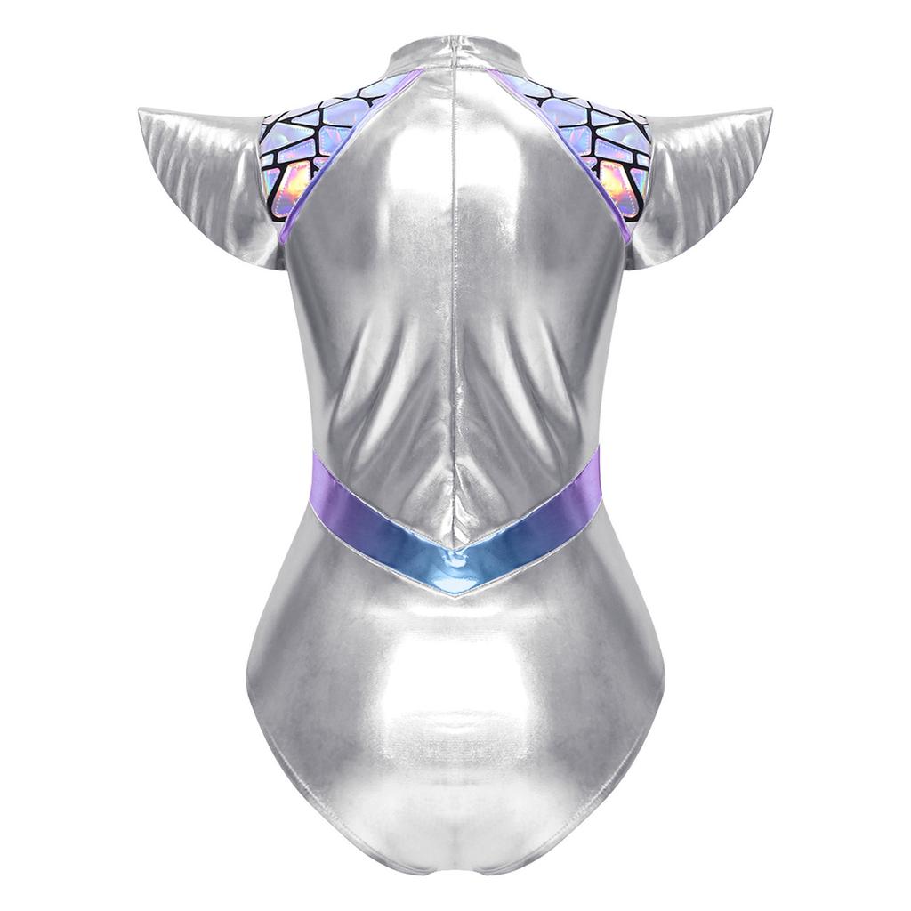 Costume da Aliena da Donna Metallico Lucido Gradiente Paillettes Taglio Frontale Manica a Velo Collo Alto Body