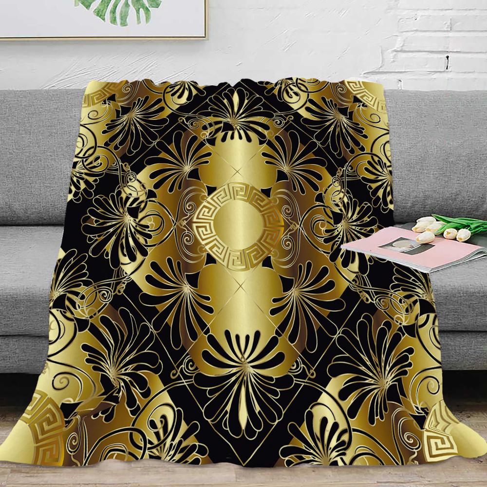 Couverture Plaid en Flanelle Luxe Noir Or Clé Grecque Méandre Baroque Douce Peluche Moelleuse Chaude Décoration Maison Couette Linge de Lit Cadeau