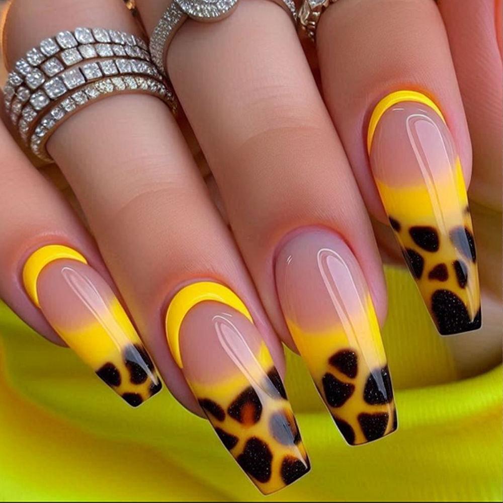 Stylish Gradient Leopard Print Press-On Nails - Long Trapezoid, Bright Yellow to Brown-Black French Gradient