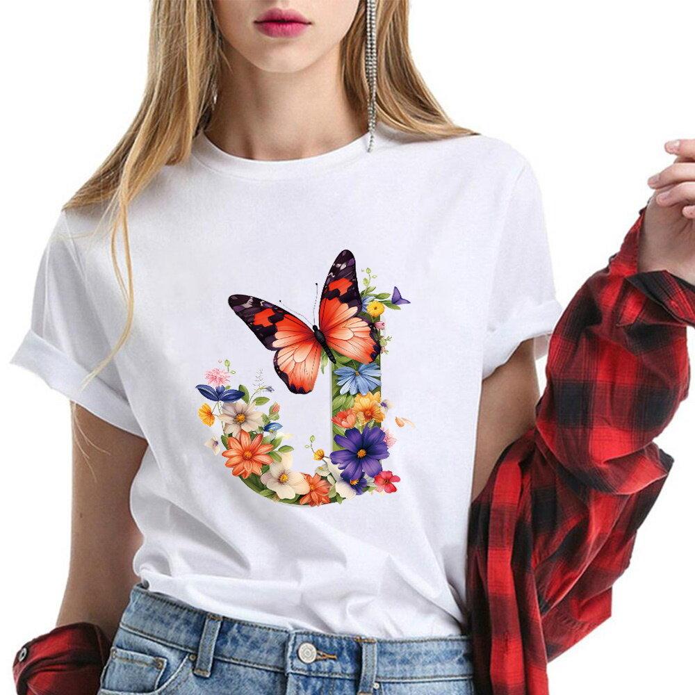 New T-Shirt Butterfly Letter Collection Women's Plus Size  T-Shirt Top Short Sleeve Gift Couple Tee
