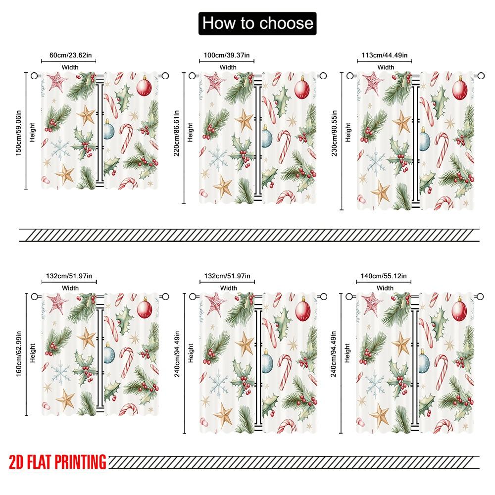 2pcs,2D Plane Printing Minimalist Curtains Christmas Ornaments Pinecones Holly Snowflakes Polyester Fabric (without Rod)