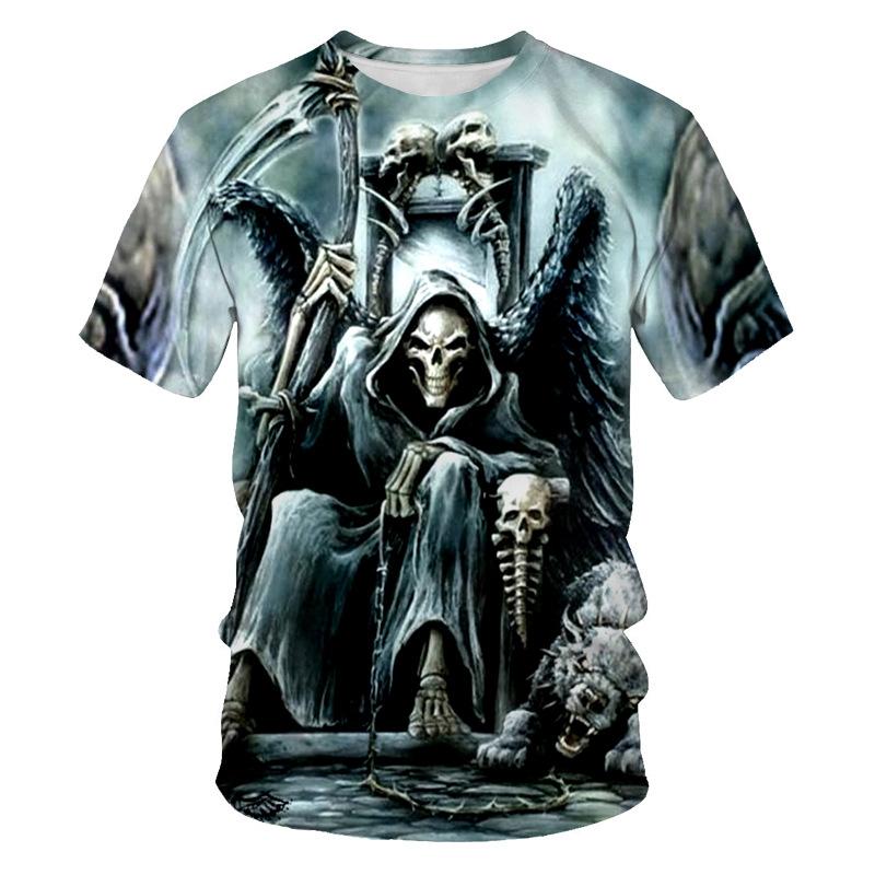 3D Grim Reaper Skull Print Short Sleeve T-shirt, Edgy Streetwear Style