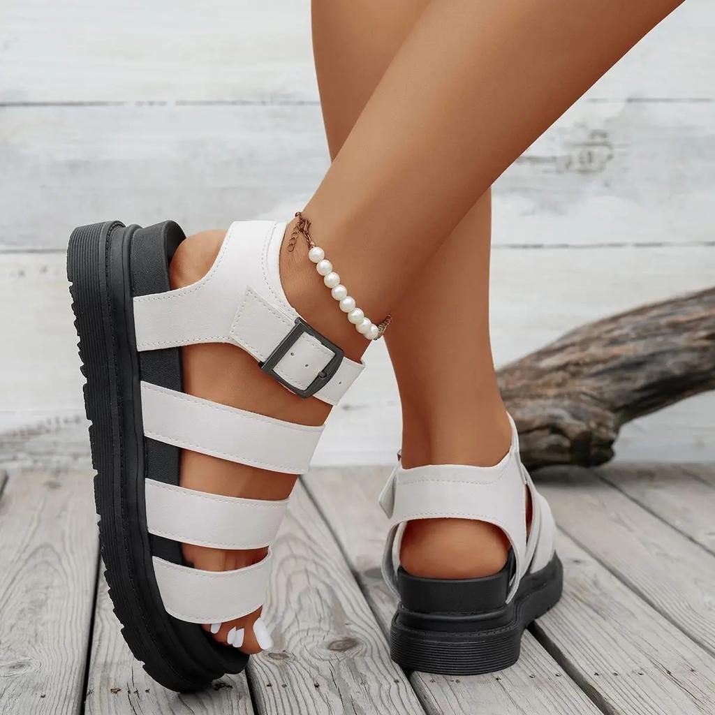 Summer Ladies Fashionable Thick Bottom Platform Sandals Wear Resistant Anti Slip Outdoor Unique Style Flat Heel Roman Style Sand