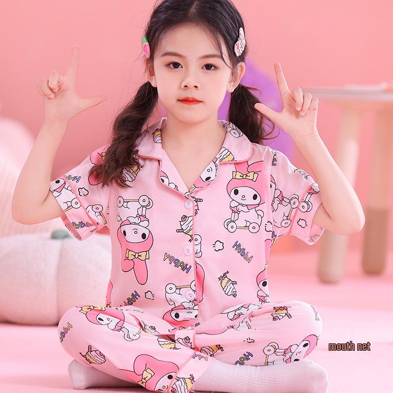 Kuromi Girls' Spring/Autumn Pajama Set with Short Sleeve Cardigan and Long Pants for Indoor/Outdoor Wear