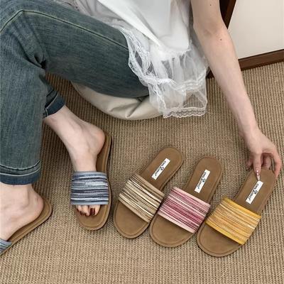Bohemian Flat-bottomed Woven One-word Slippers for Women's Summer Wear 2025 New Design Niche Vacation Cool Slippers