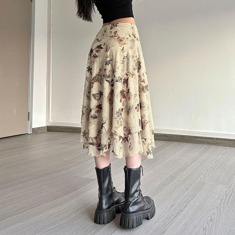 Damenmode Bedruckter Milchseidenrock Niedrige Taille Schlankmachend Heißes Mädchen Mittellang
