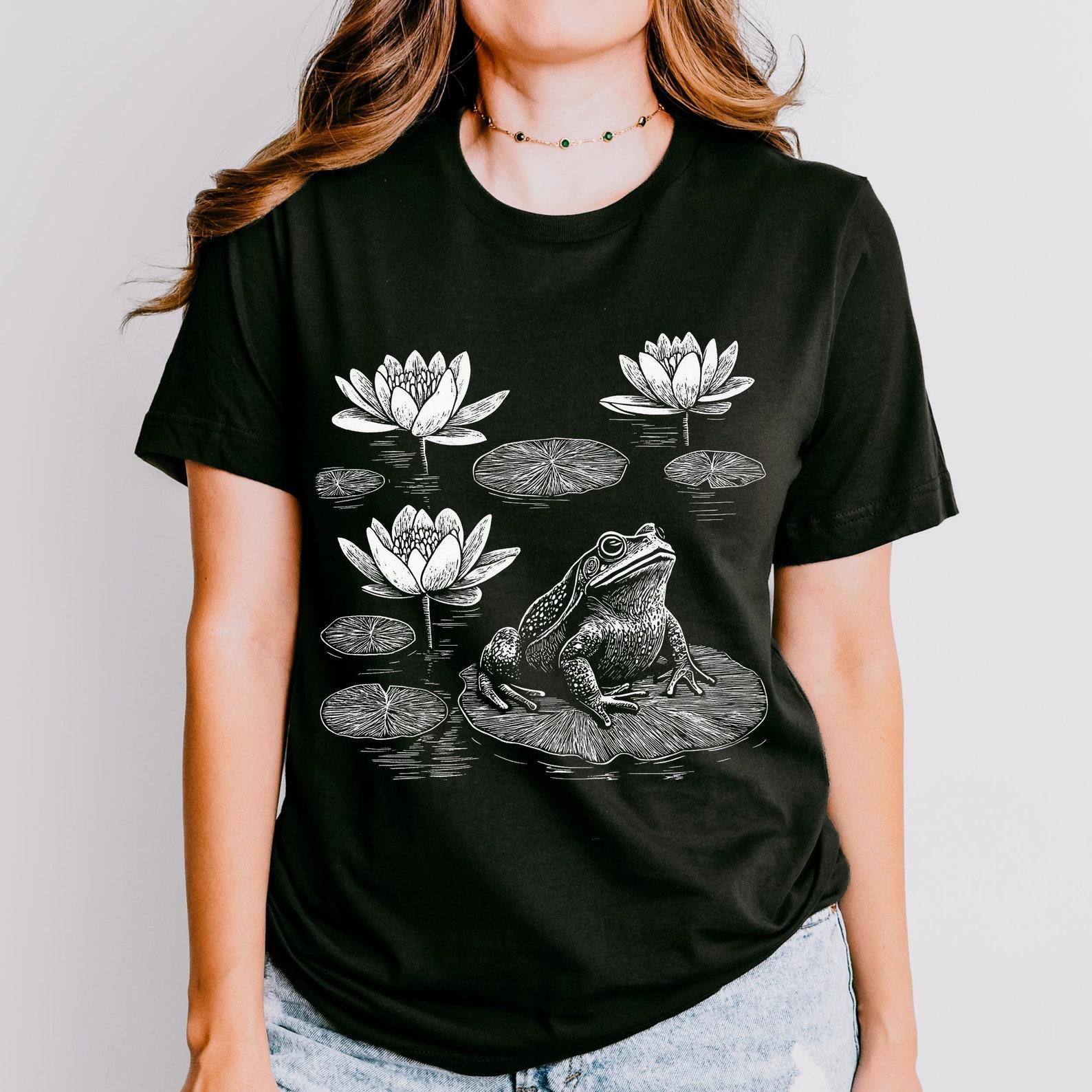 Frog Linocut Art T-Shirt: Botanical Pond Life Tee XL