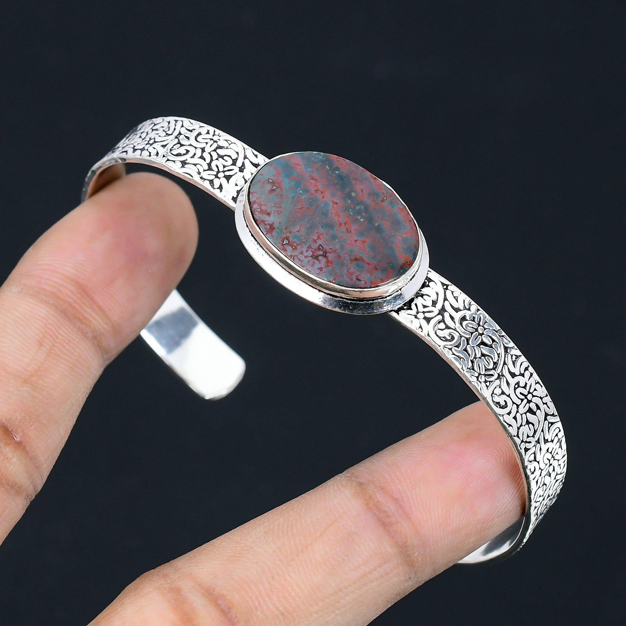 

Daughters Day Sale Oval Bloodstone Stone Sterling Silver Handmade Bangle Jewelry Adjustable