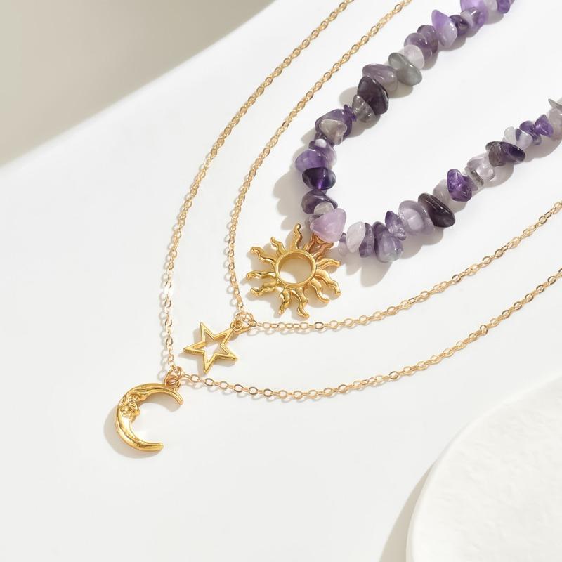 Vintage Sweet Cool Sun Moon Natural Stone Layered Necklace For Women