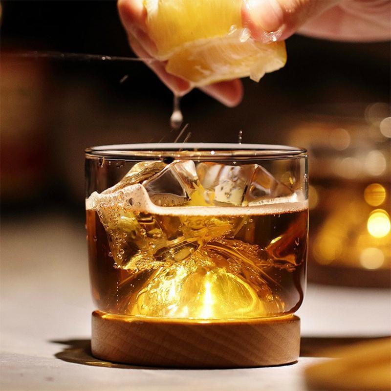 2 Pcs Mountain Whiskey Glasses With Wood Base Japanese Vintage Glassware Wine Tumbler Wooden Coaster XO Whisky Cup Dropshipping