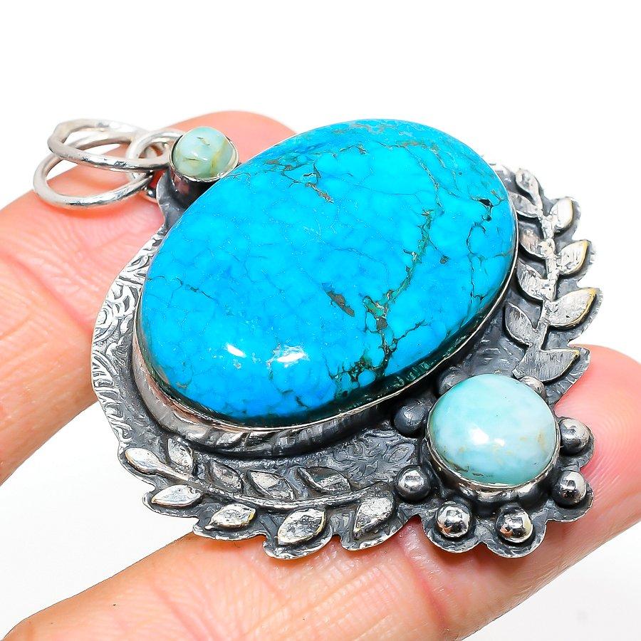 

Natural Tibetan Turquoise,Larimar Stone 925 Sterling Silver Pendant 2.29 V9j28