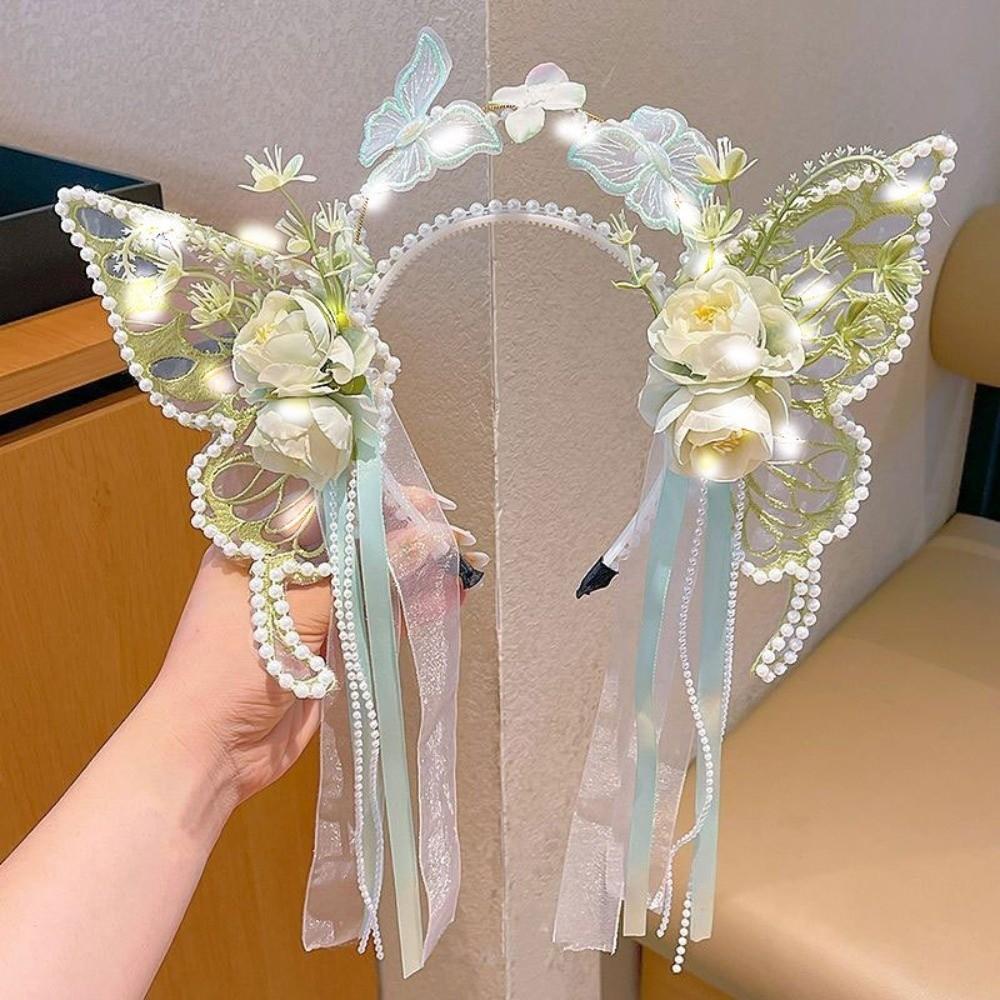 Silk Ribbon Butterfly Flowers Hairband Pearl Beads Decorative Headwear Floral Headwear  Women Wear