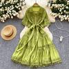 French court style hollow lace splicing lapel short-sleeved dress women's lace-up waist elegant pendulum medium and long dress