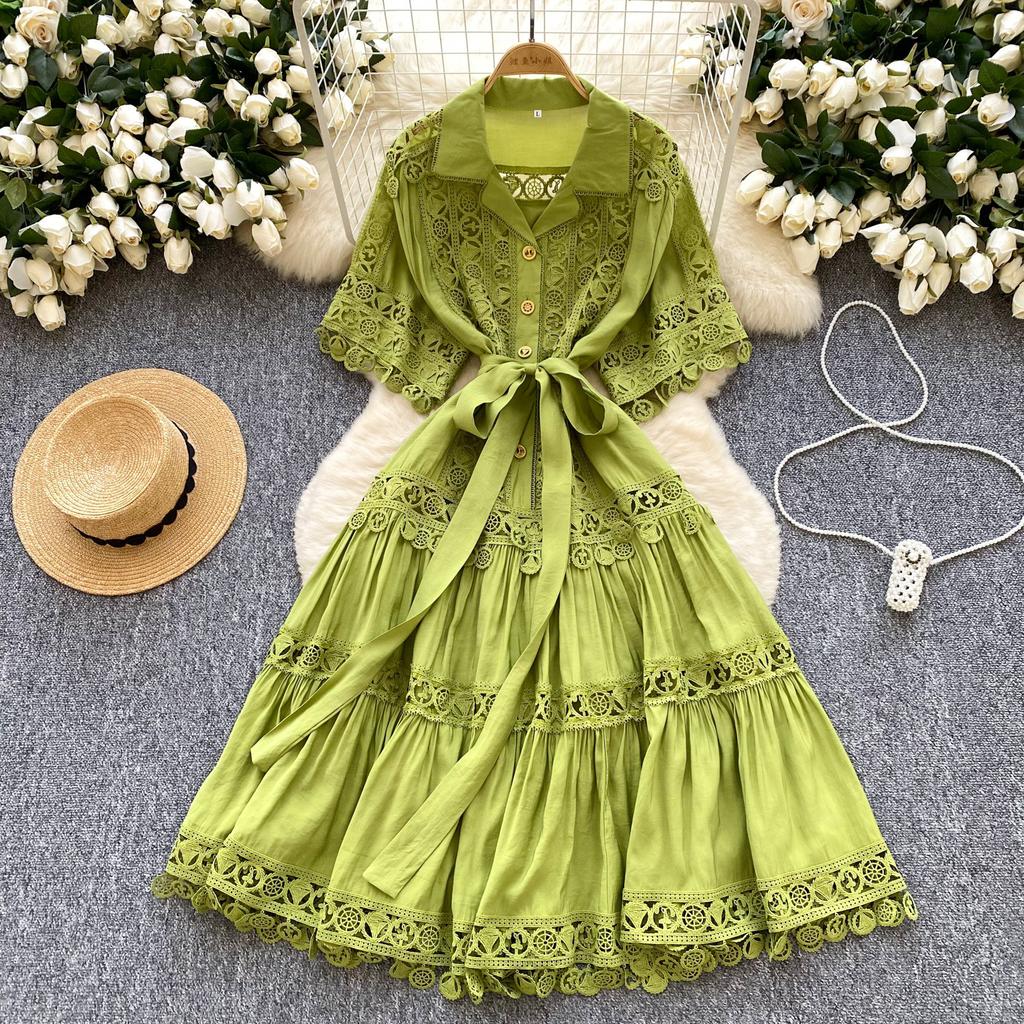 French court style hollow lace splicing lapel short-sleeved dress women's lace-up waist elegant pendulum medium and long dress