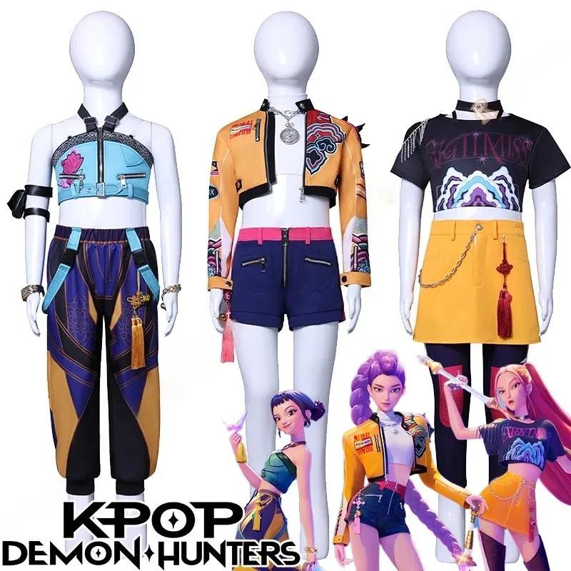 Kids Kpop Demon Rumi Zoey Mira Cosplay Huntrix Hunters Costume For Girls Clothes Group Idol Roleplay Halloween Carnival Suit