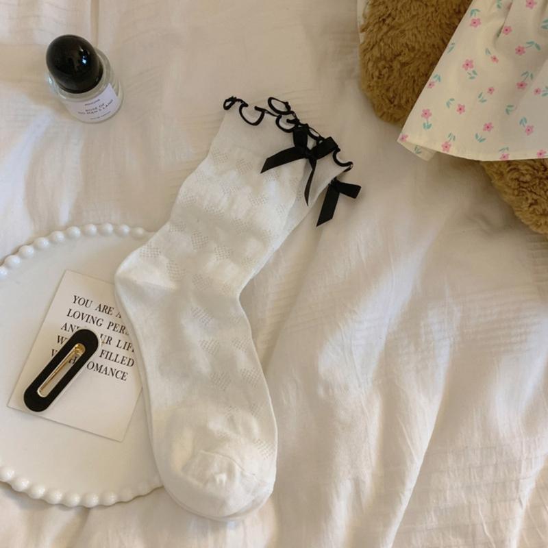 Women's Lolitas Cute Summer Calf Socks Japanese Sweet Bowknot Crew Socks JK Uniform Loose Socks Ruffle Frilly Ankle Sock
