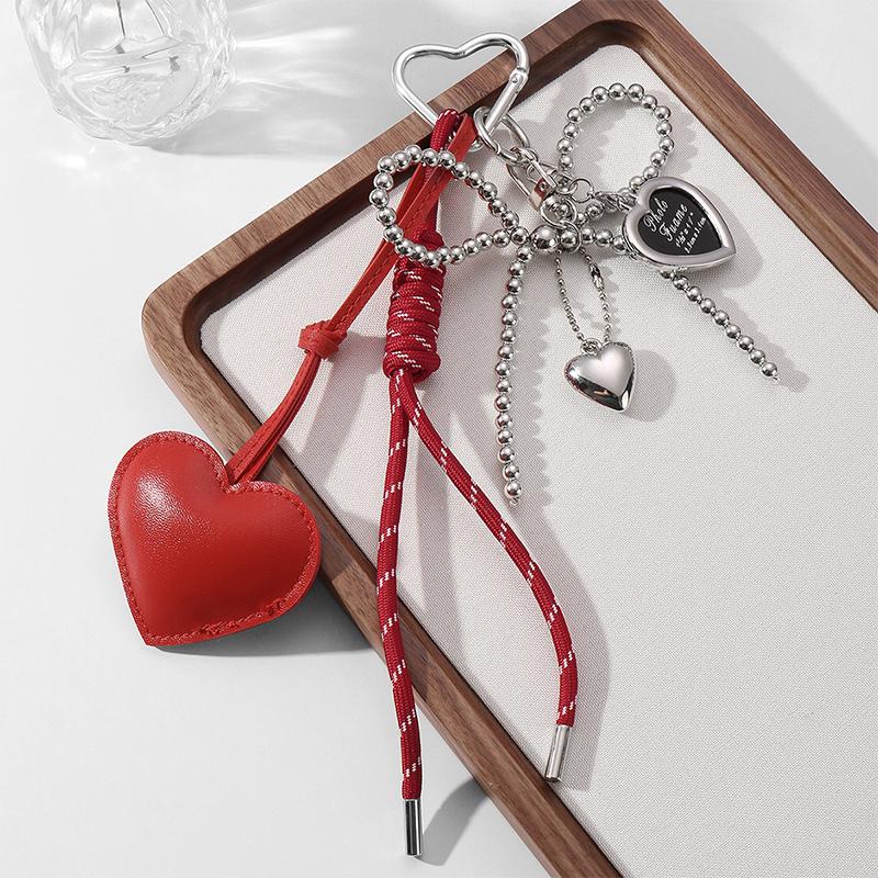 Korean Trendy Leather Heart Bow Keychain Delicate Beaded Keyring Car Key Holder Bag Pendant Decoration For Girls Gift